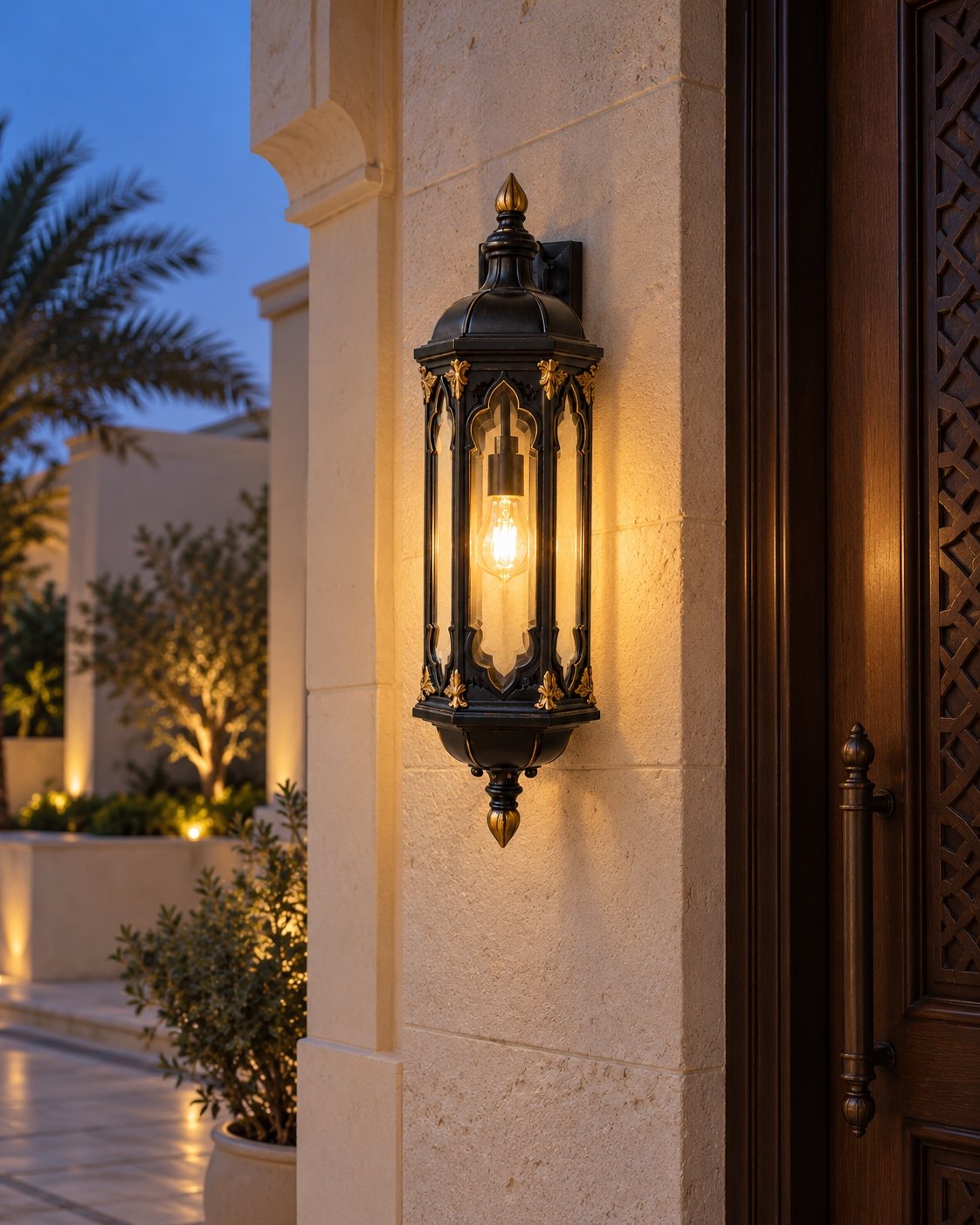Cast-aluminium wall lantern glowing beside a UAE villa front door on a cream stone wall at evening.