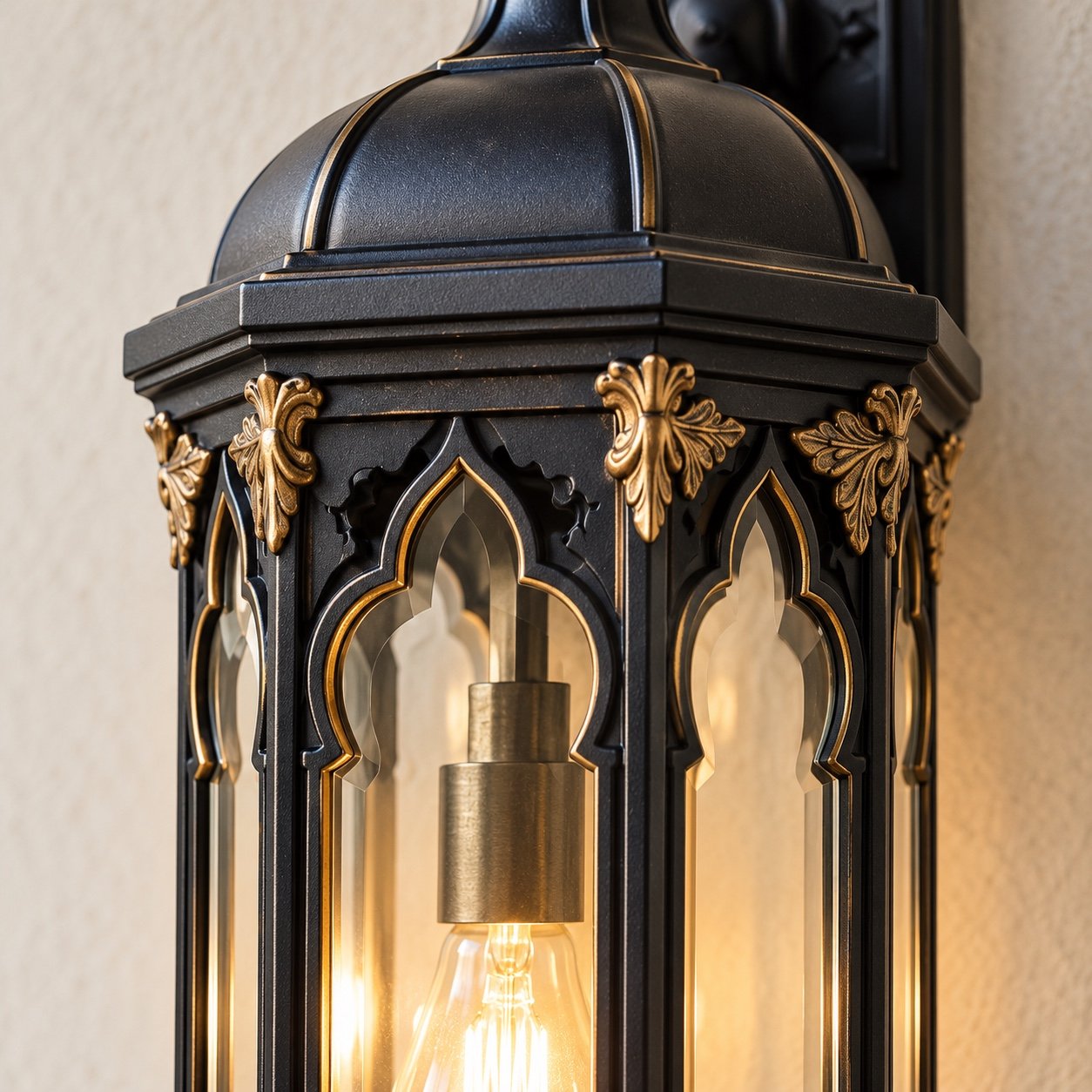 Close-up of crisp Arabic-style cast relief and smooth black and gold powder-coated finish on a wall lantern.