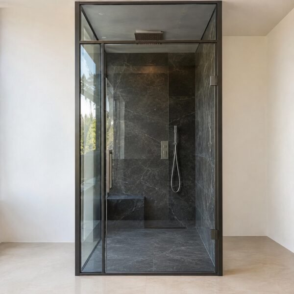 Front view of a gunmetal grey framed clear-glass steam shower enclosure on a light floor