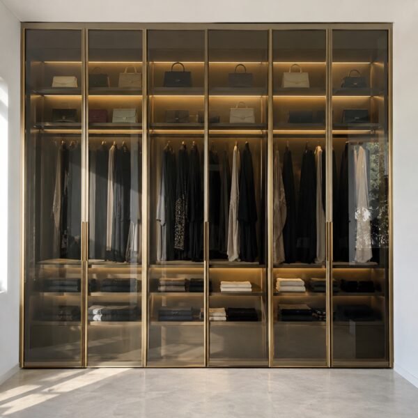 Front view of smoked grey glass hinged walk-in wardrobe doors with slim gold profiles and LED-lit shelves