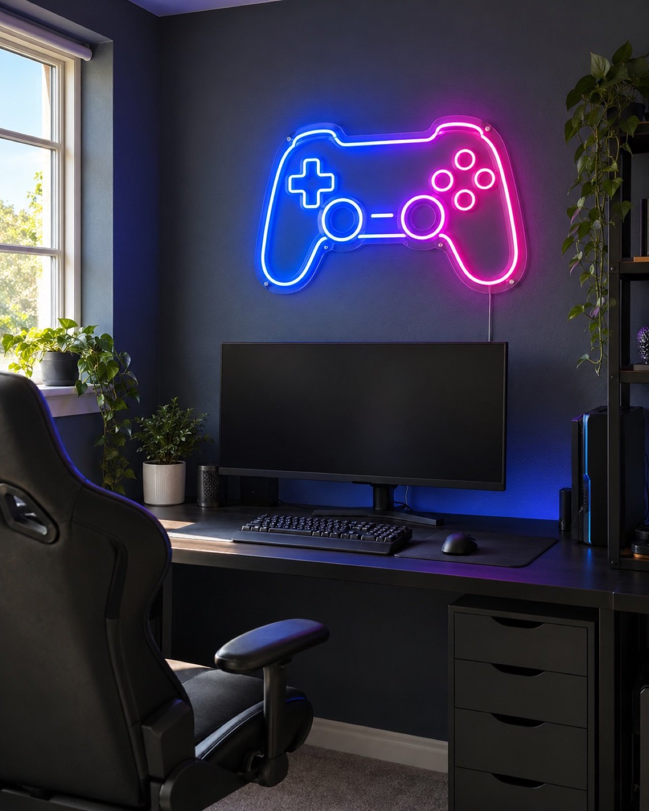 Blue and pink gaming controller neon sign above a gaming desk in a teen gaming room.
