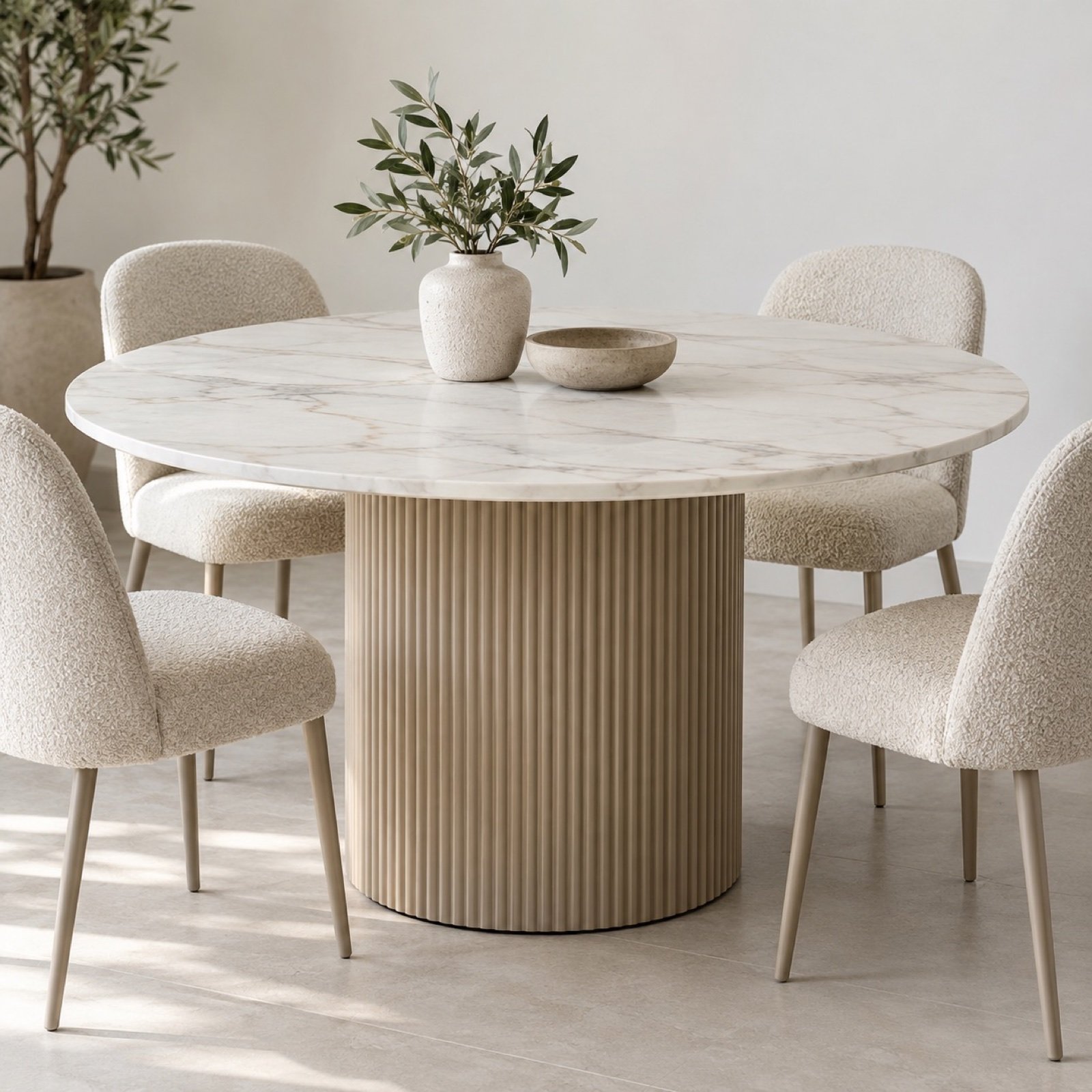 Round fluted dining table with sand-beige pedestal and white-veined stone top against a plain light wall.
