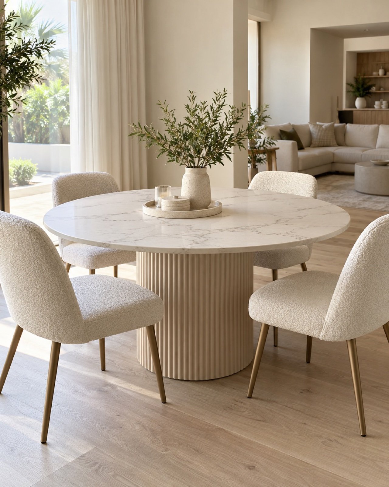 Fluted round dining table with boucle chairs in a naturally lit open-plan dining room.