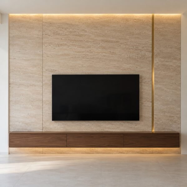 Front view of a warm beige travertine-look porcelain TV wall with floating walnut console and brass inlay