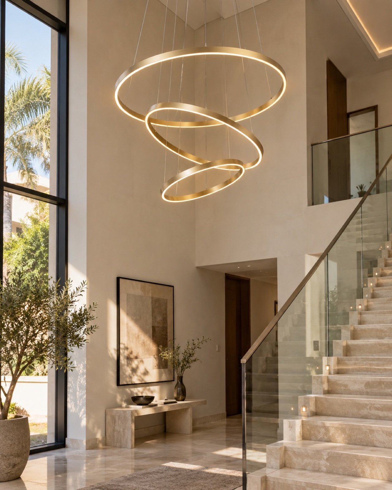 Oversized three-ring gold LED chandelier in a double-height villa stairwell