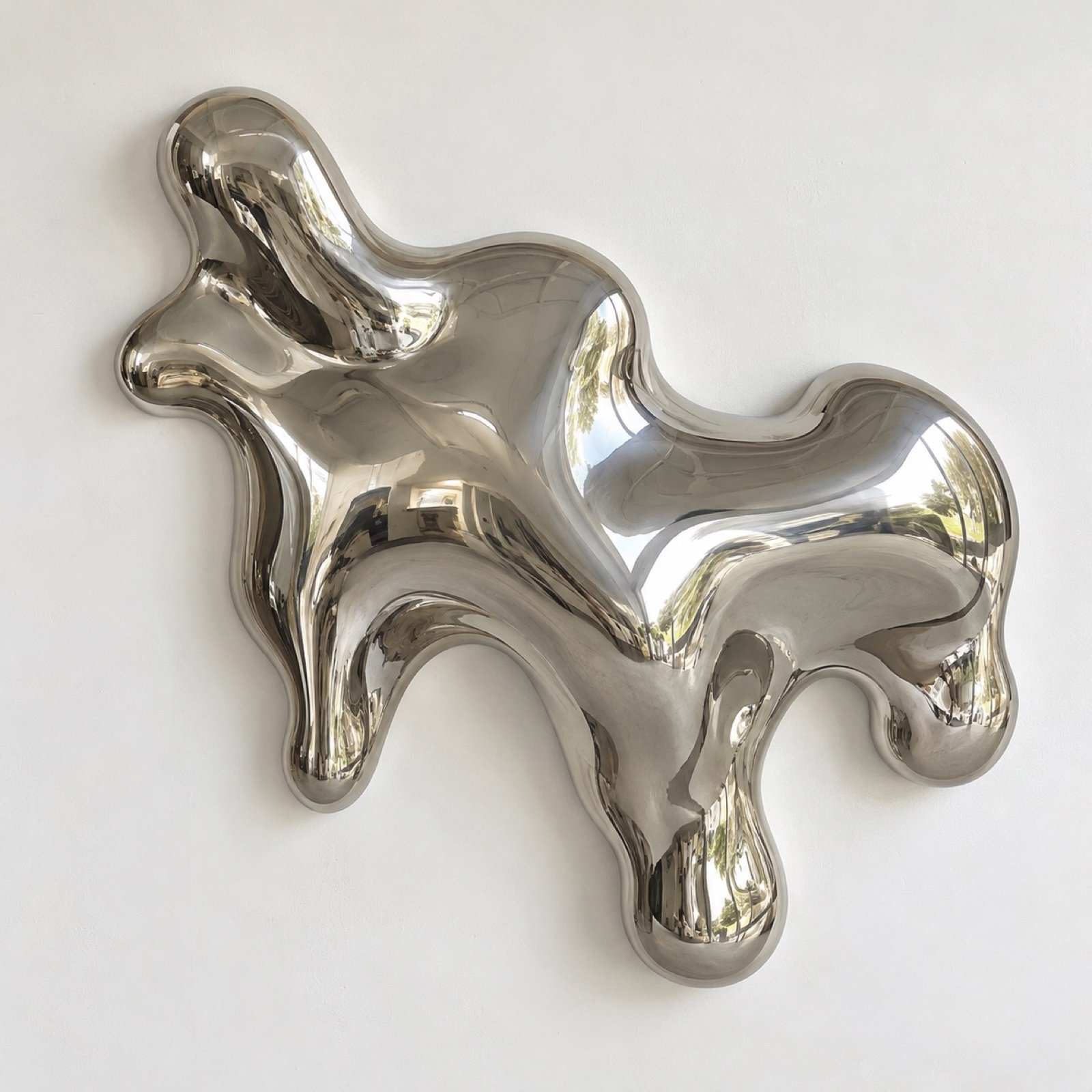 Mirror-polished liquid chrome organic wall sculpture on a plain white wall