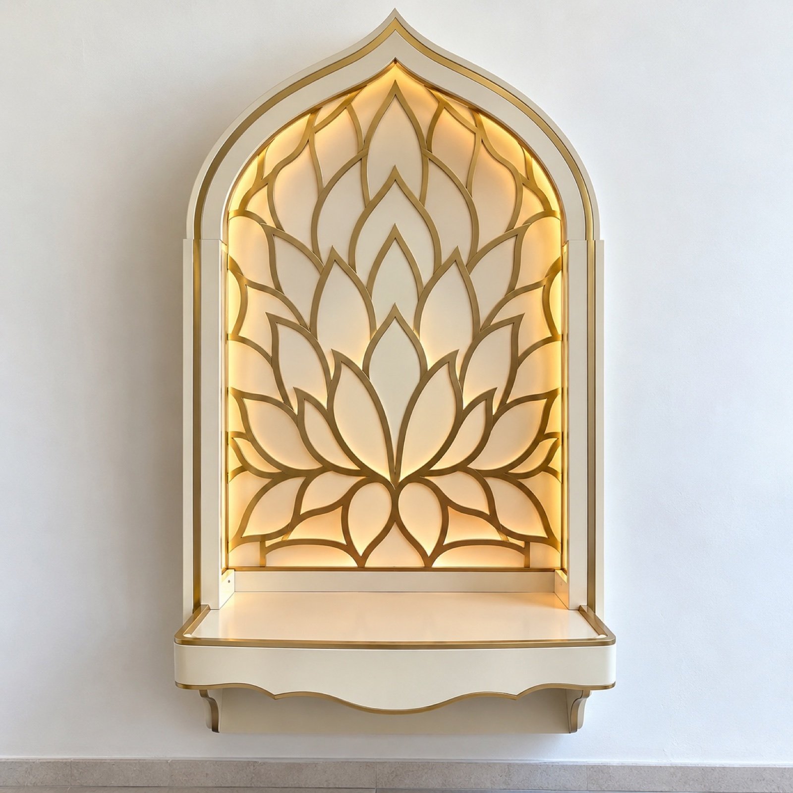 Front view of an ivory lacquer wall-mounted Mandir jali arch pooja unit with brushed-gold lotus screen and lamp shelf