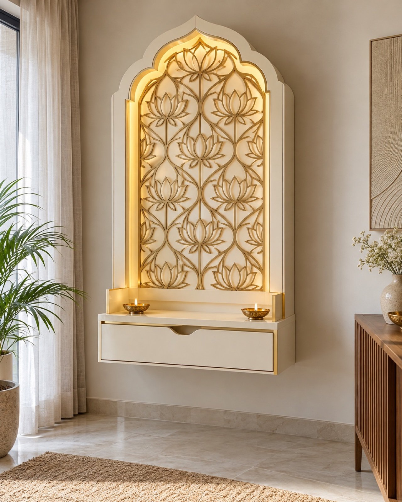 Ivory and brushed-gold wall-mounted pooja unit styled in a bright UAE apartment prayer corner