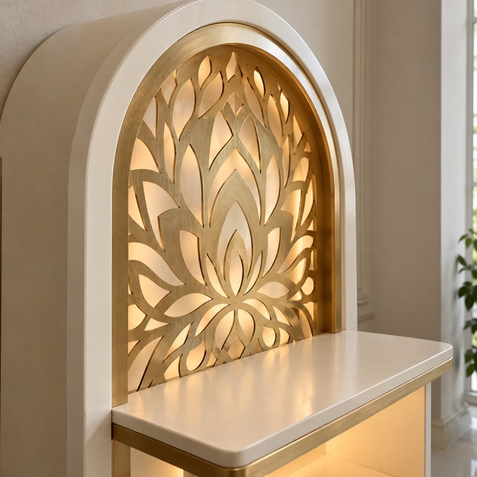 Close-up of the brushed-gold lotus jali, ivory lacquer edge, shelf, and warm LED glow