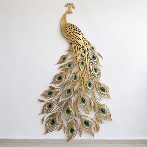 Peacock feather gold wall art on a plain white wall, front view