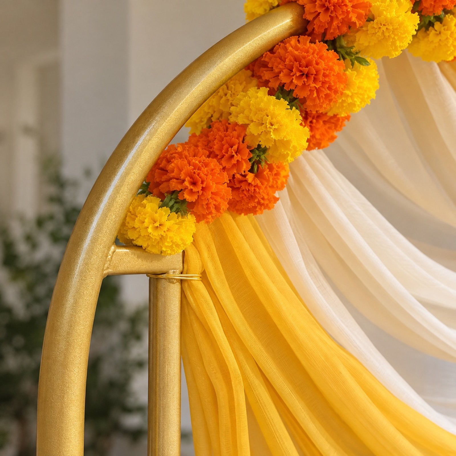 Close-up of gold powder-coated steel arch, marigold flowers and draped fabric