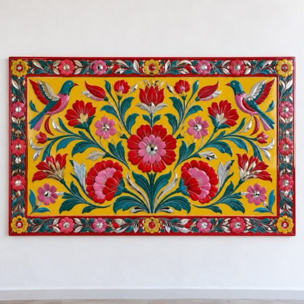 Truck art inspired floral steel wall panel on a plain white wall
