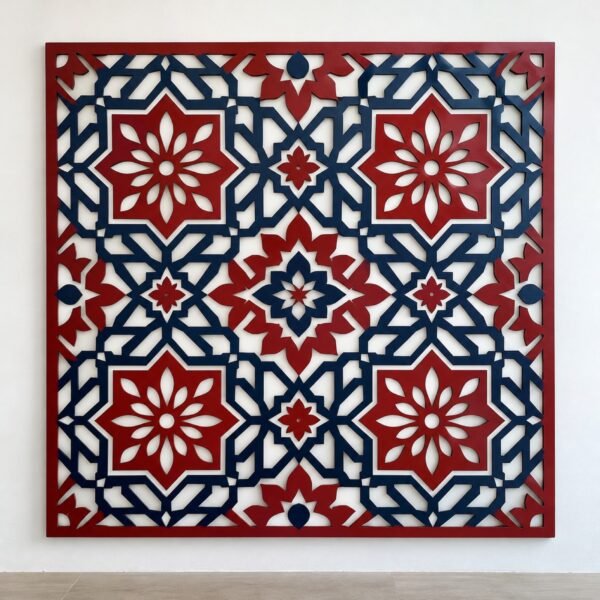 Square crimson and indigo Ajrak-inspired laser-cut steel wall panel on a plain white wall