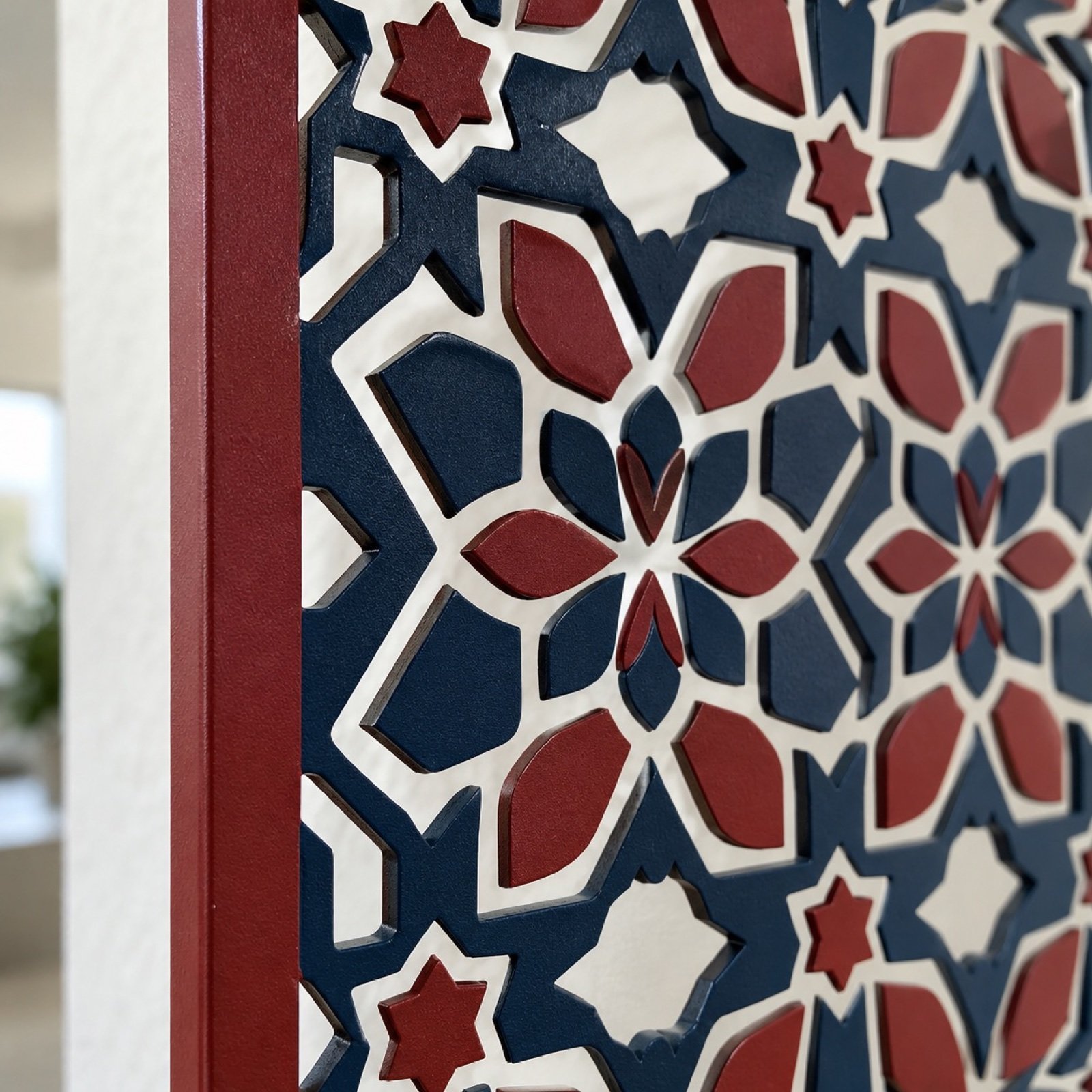 Close-up of crimson and indigo powder-coated laser-cut steel panel edge and geometric cut pattern