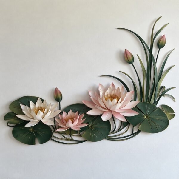 Shapla water lily wall art in soft pink, white and deep green laser-cut steel on a plain pale wall.