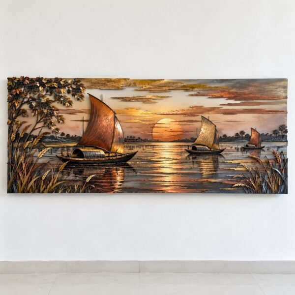 River sunset wall art with layered copper, gold and slate steel nouka sailboats on a white wall