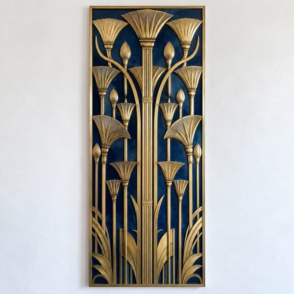 Front view of a brushed-gold papyrus and lotus metal wall panel on a lapis-blue backing against a white wall.
