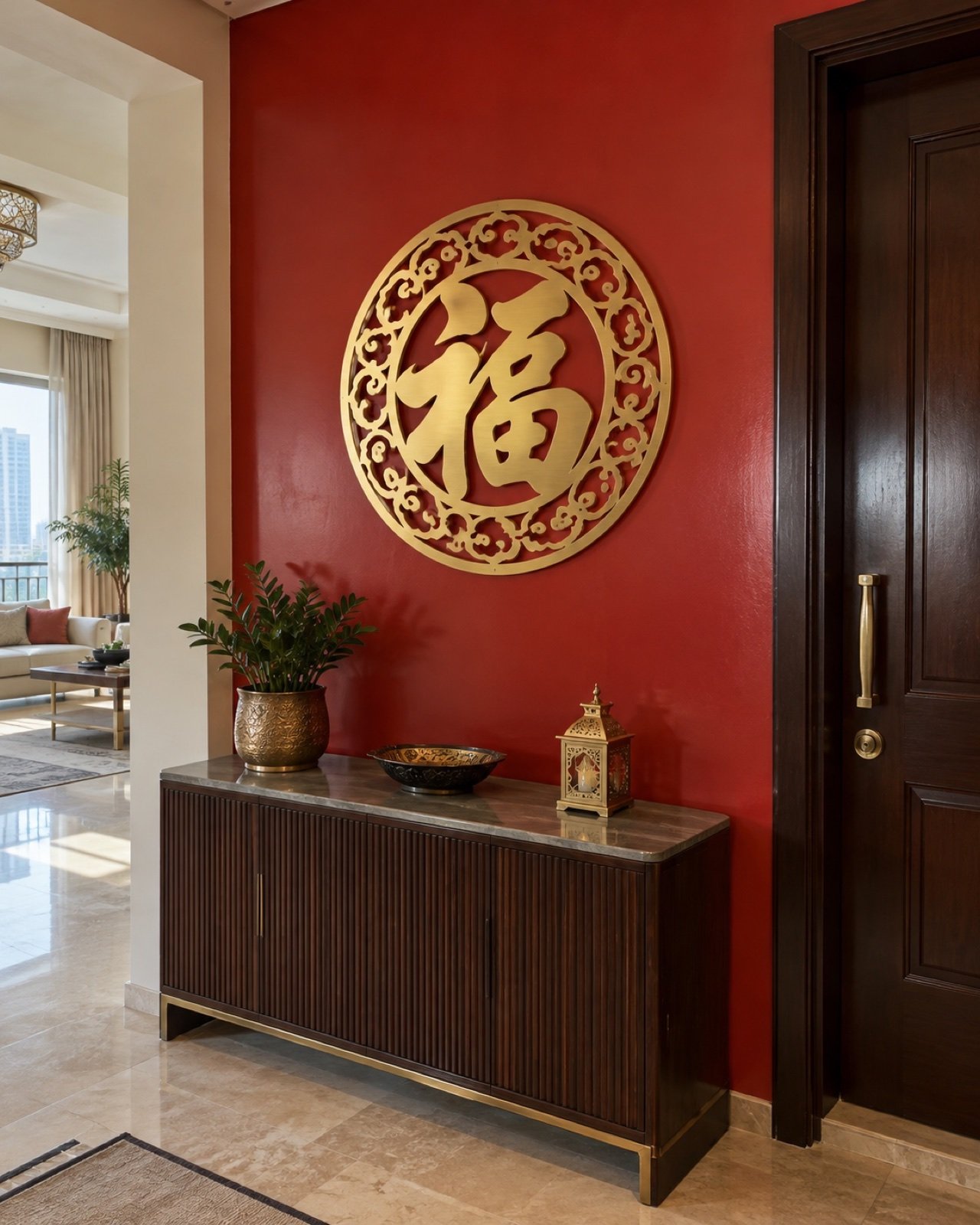 Round brushed brass 福 plaque mounted on a red lacquer apartment entrance wall