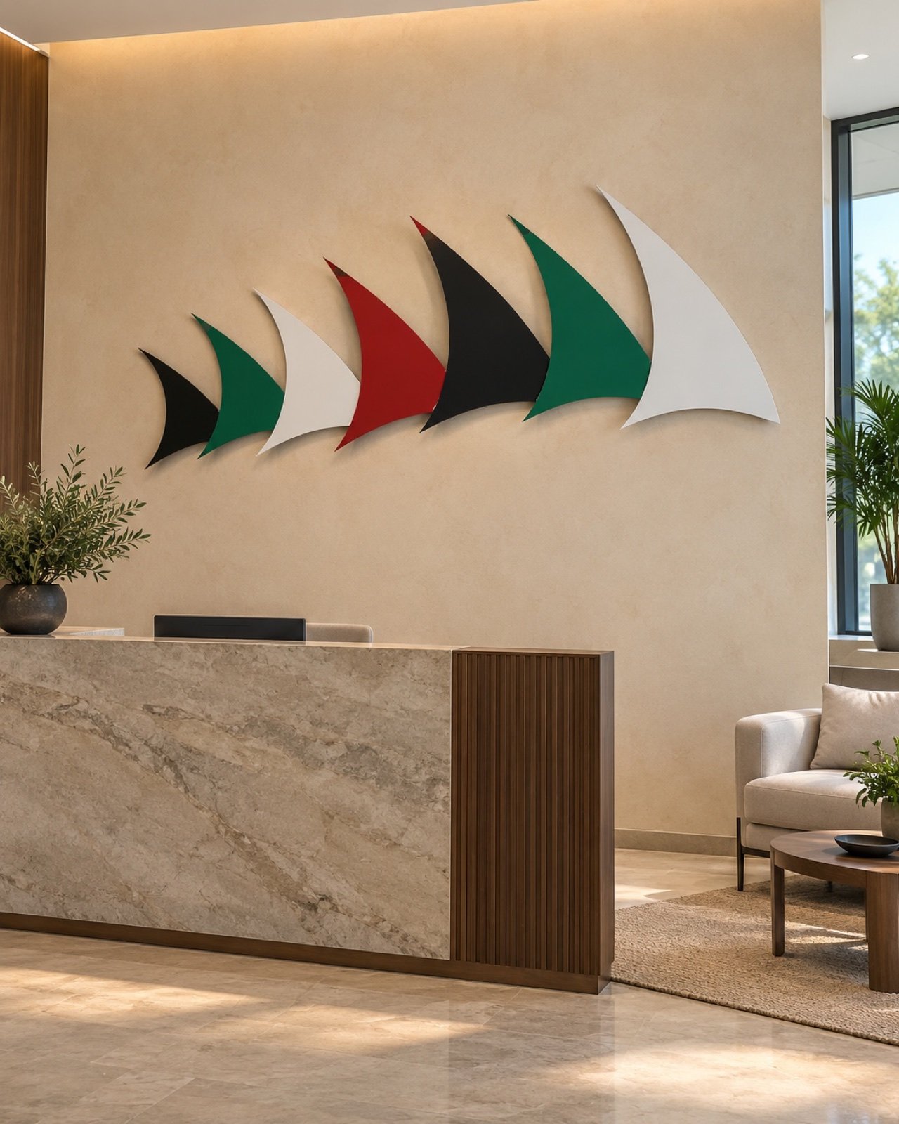 Seven-colour dhow sail wall art displayed at realistic scale in an office reception lobby.
