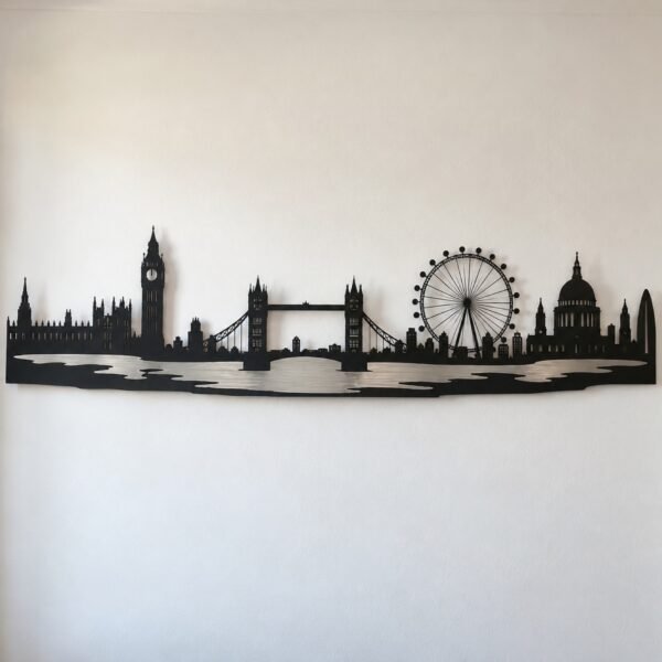 London skyline wall art in matte black steel with a brushed silver Thames line on a plain white wall