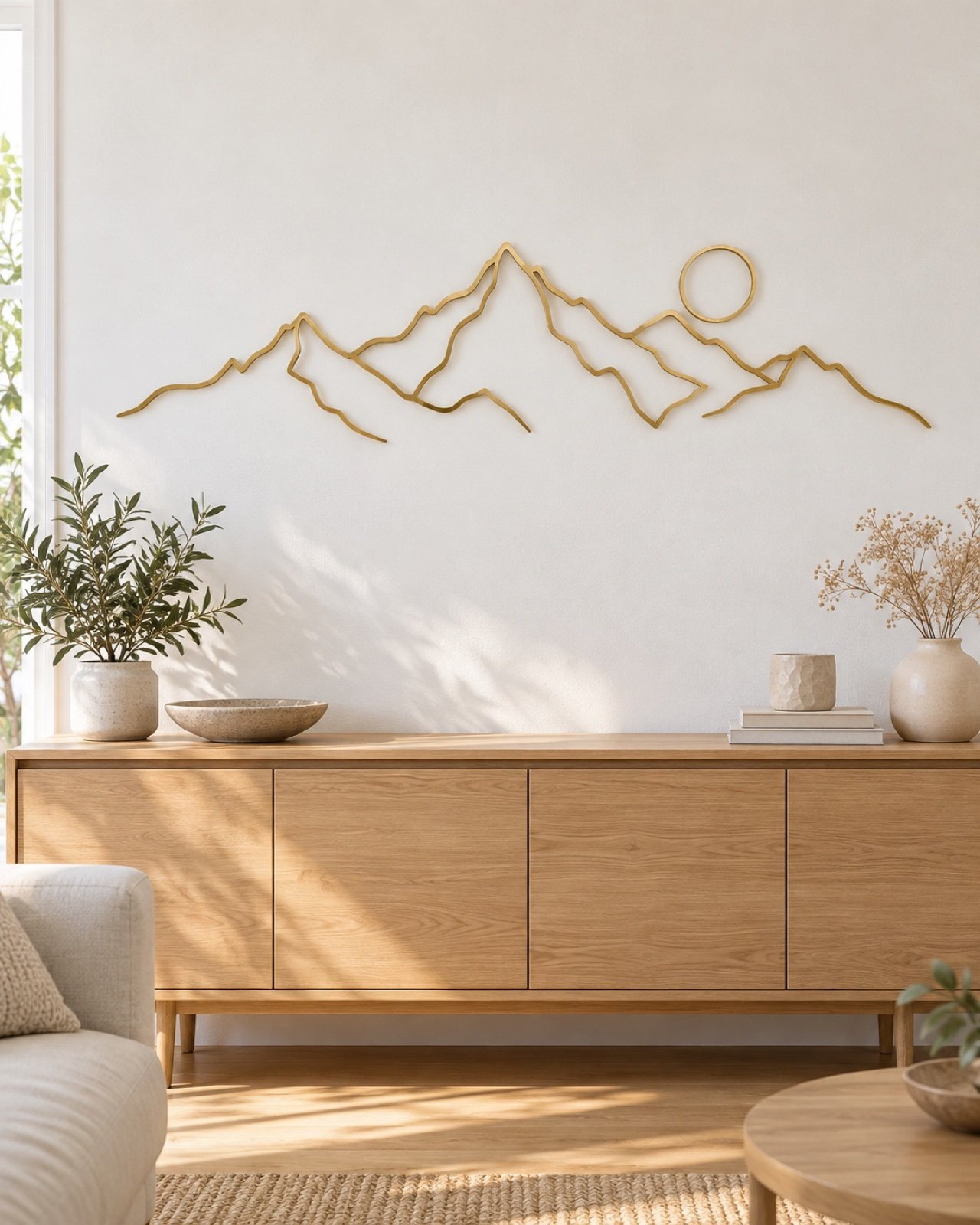 Brushed-gold mountain range wall art above a light-oak sideboard in a Scandinavian living room.