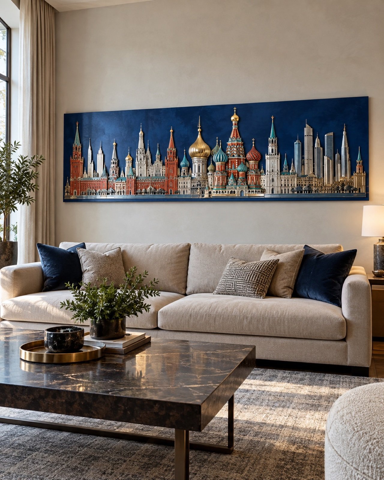 Moscow skyline wall art with colourful onion domes above a luxury apartment sofa