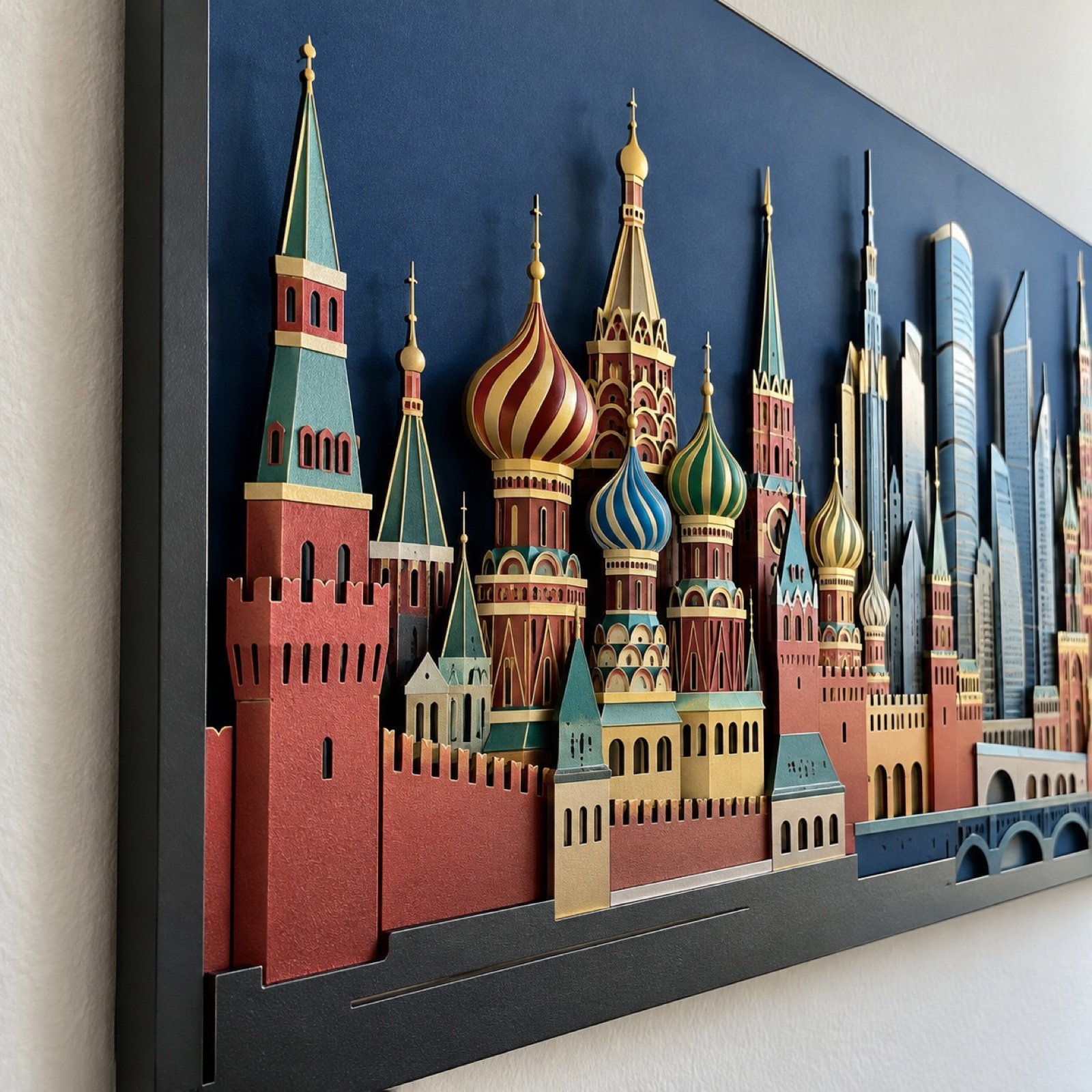 Close-up of layered laser-cut steel and aluminium Moscow skyline wall art edge