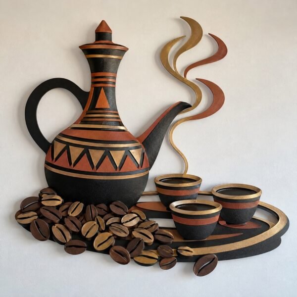 Jebena coffee ceremony wall art in terracotta, gold and black layered steel on a plain warm wall.