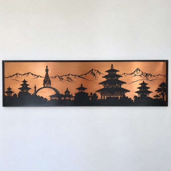 Kathmandu pagoda skyline wall art in black laser-cut steel over copper backing on a white wall