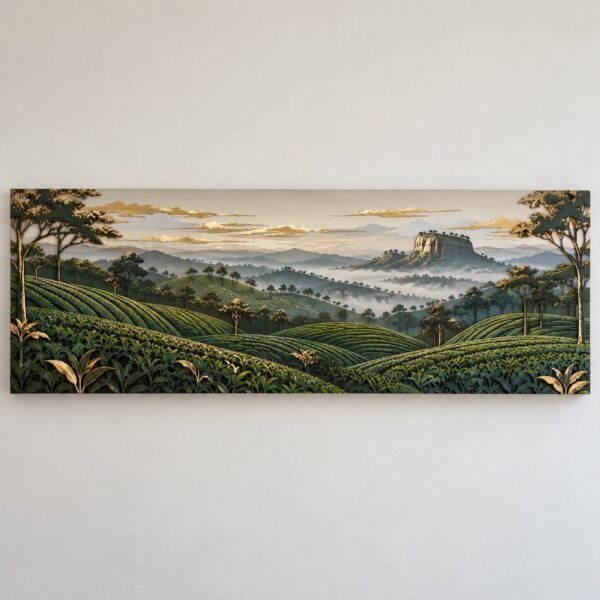 Sri Lanka tea hills landscape wall art in layered green steel and aluminium with gold accents on a white wall