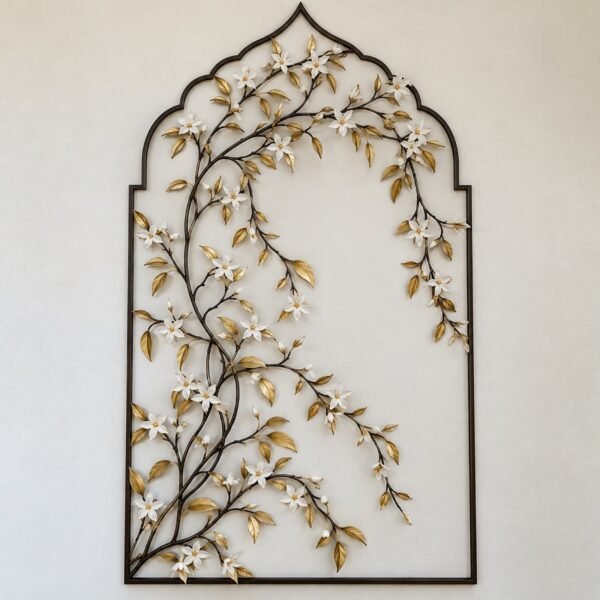 Damascene jasmine vine wall art with white enamel flowers and gold leaves on an ivory wall