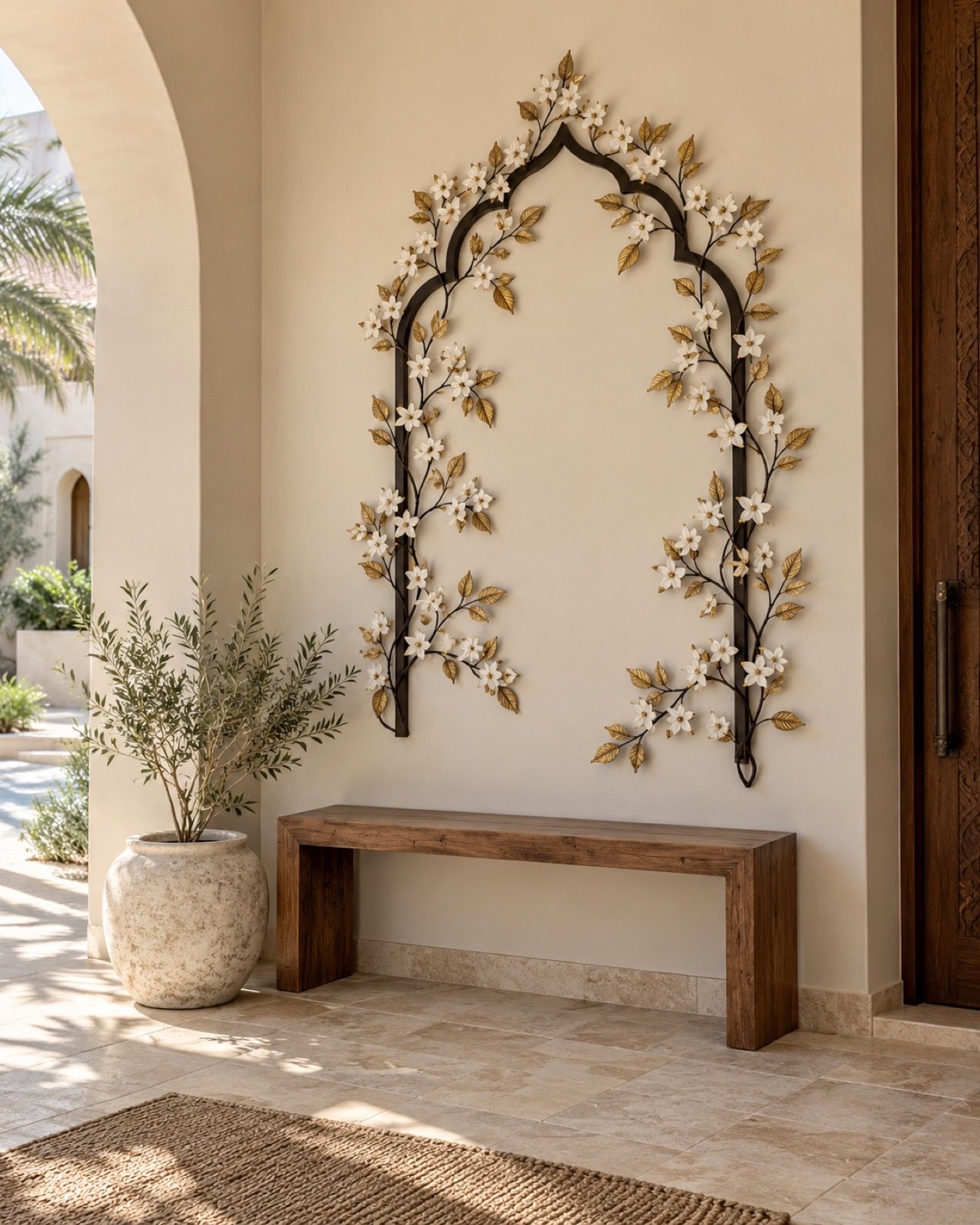 Damascene jasmine vine wall art displayed in a UAE courtyard-style entrance