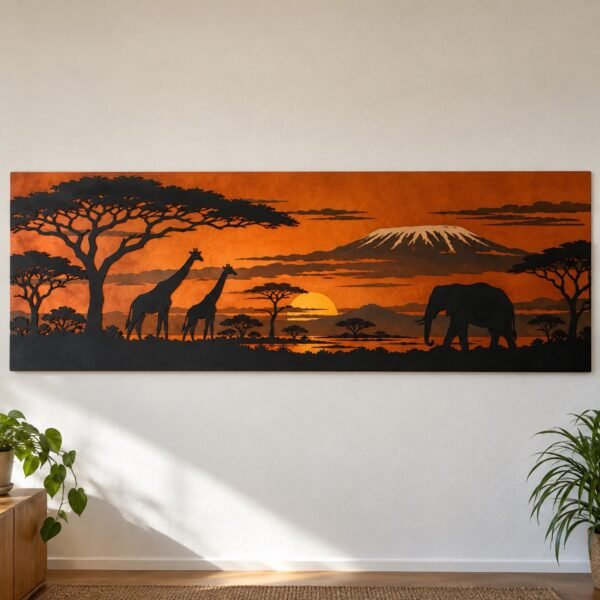 Savanna sunset wall art with two giraffes and an elephant in black and burnt-orange layered steel