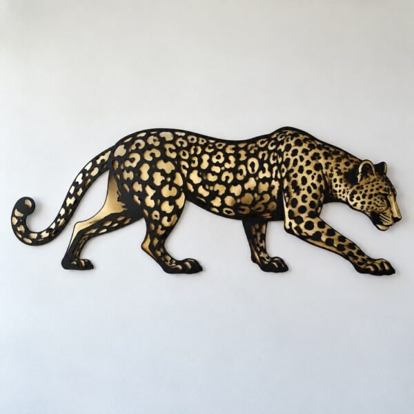 Arabian leopard prowl wall art in layered black and brushed gold metal on a white wall