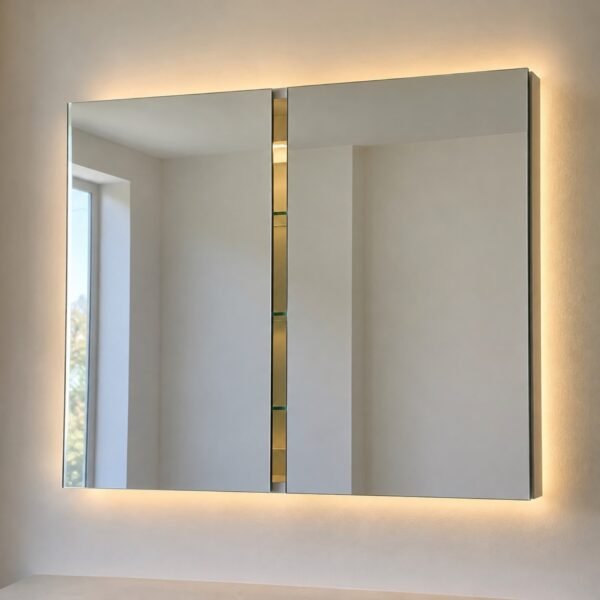 Frameless LED-backlit mirror medicine cabinet on a plain white wall, front view