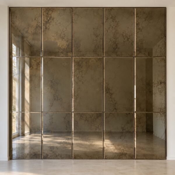 Antique smoked bronze mirror wall panelling on a plain white wall, straight front view