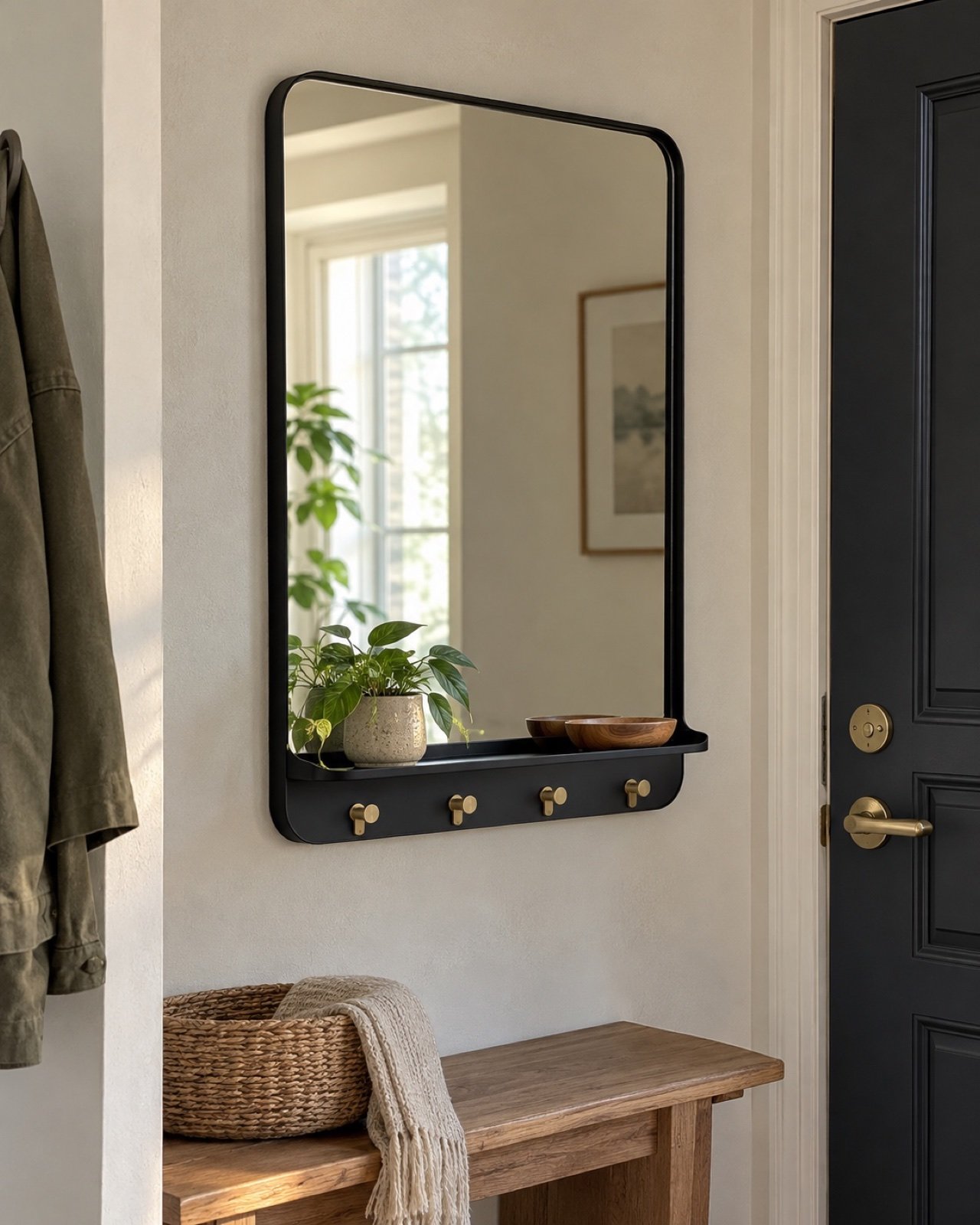 Matte black entryway mirror with integrated shelf and four brass key hooks beside an apartment door.