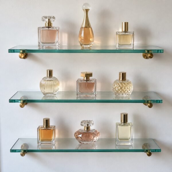 Three clear tempered glass shelves with polished edges on hidden brushed brass clamps against a plain white wall