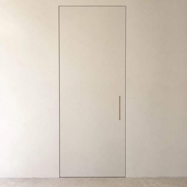 Closed matte off-white hidden flush wall door shown straight on against a plain light wall