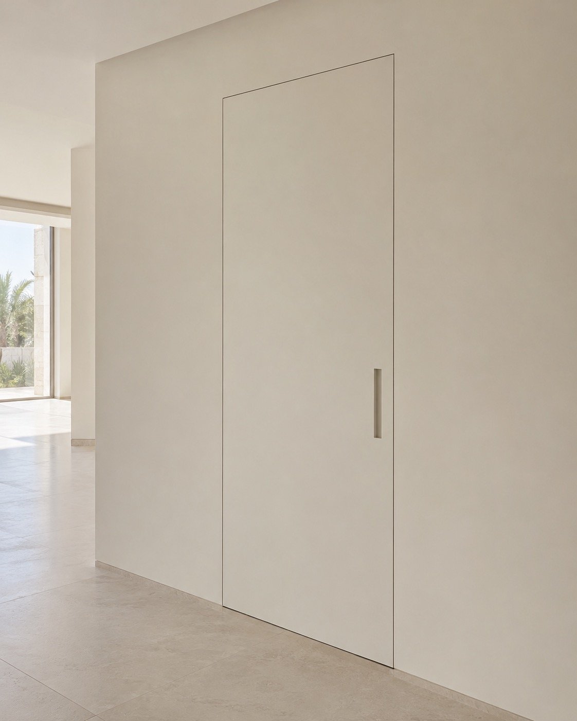 Hidden flush wall door in a minimalist daylight villa hallway