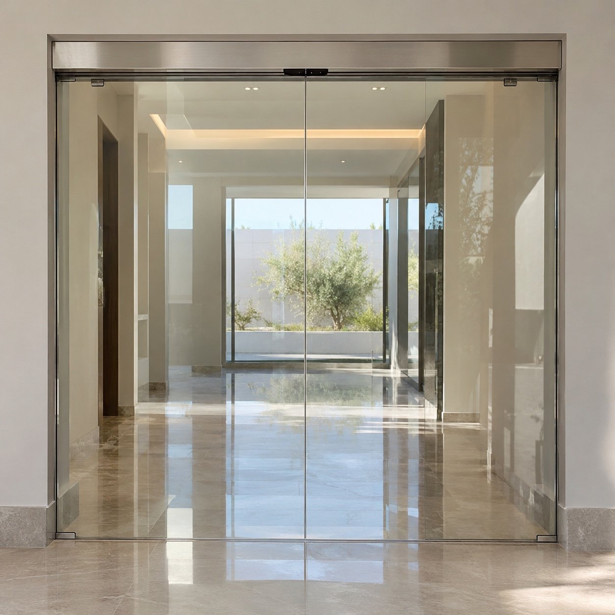 Frameless automatic sliding glass door with two clear leaves and brushed steel top track, straight front view