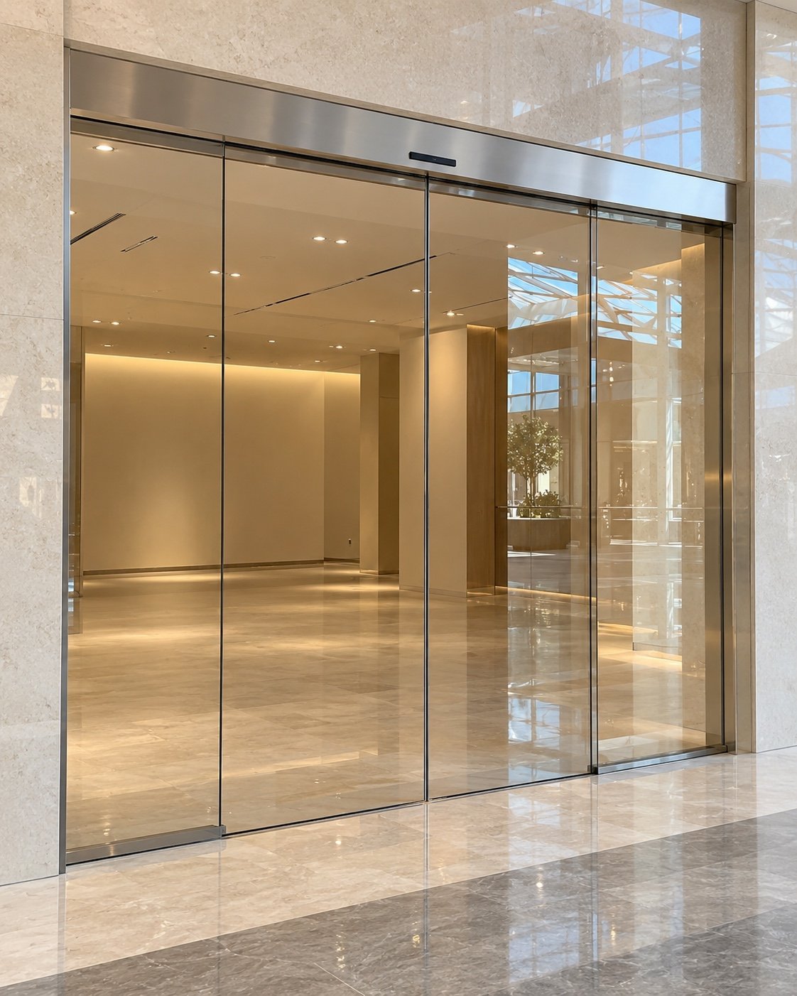 Frameless automatic sliding glass door at an empty UAE mall boutique or clinic entrance