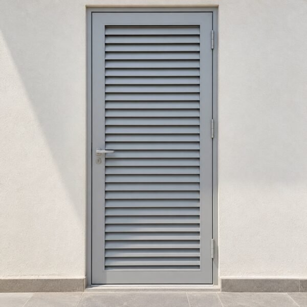 Closed light grey aluminium louvre service door in a straight front view against a plain villa wall