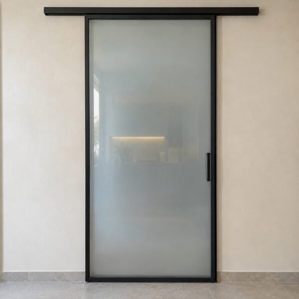 Closed frosted glass aluminium kitchen sliding door with slim black frame