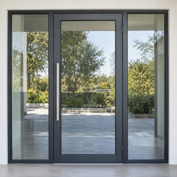 Closed dark grey aluminium and glass shopfront door with long pull handle between fixed full-height glass panels, front view.