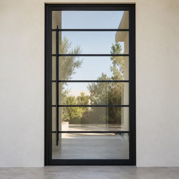 Closed modern black aluminium and clear glass pivot villa entrance door, straight front view