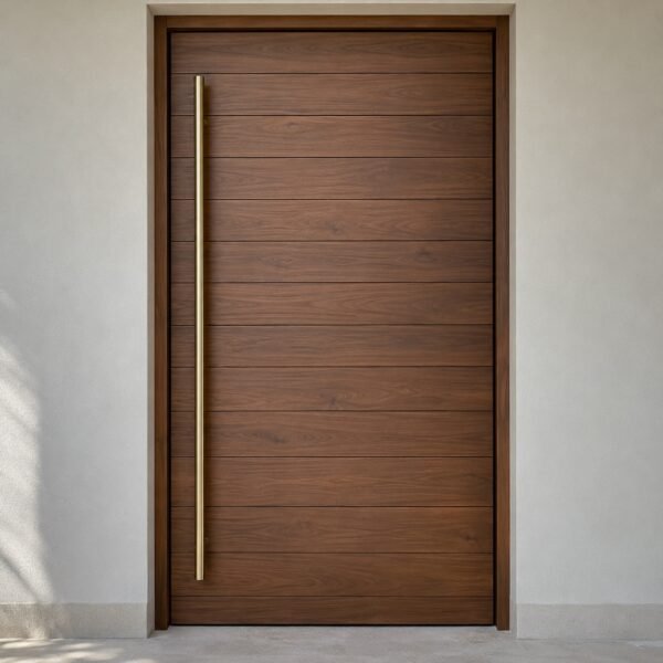 Closed walnut wood-grain aluminium pivot front door with horizontal grooves and brushed brass pull handle, straight front view.