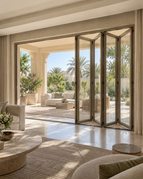 Five-panel champagne aluminium bi-fold door opening from a UAE villa majlis to a shaded terrace