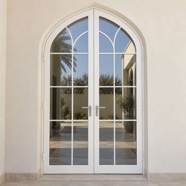 Close-up of white aluminium frame, slim glazing bar, clear glass edge and handle