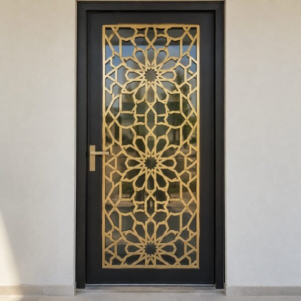 Closed black powder-coated steel entrance door with gold laser-cut arabesque panel and glass backing